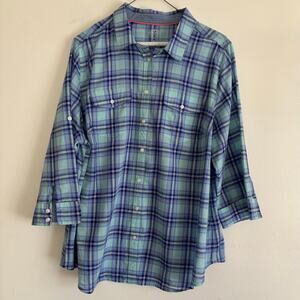 St. John’s Bay 1X Blue Plaid Cotton Button-Up Shirt – 3/4 Sleeve Plus Size Top